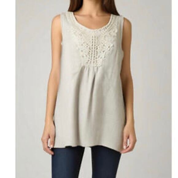 Cal Style XL Linen Blend Crochet Scooop Neck Tank Top Cream Oatmeal Bohemian - Picture 1 of 6